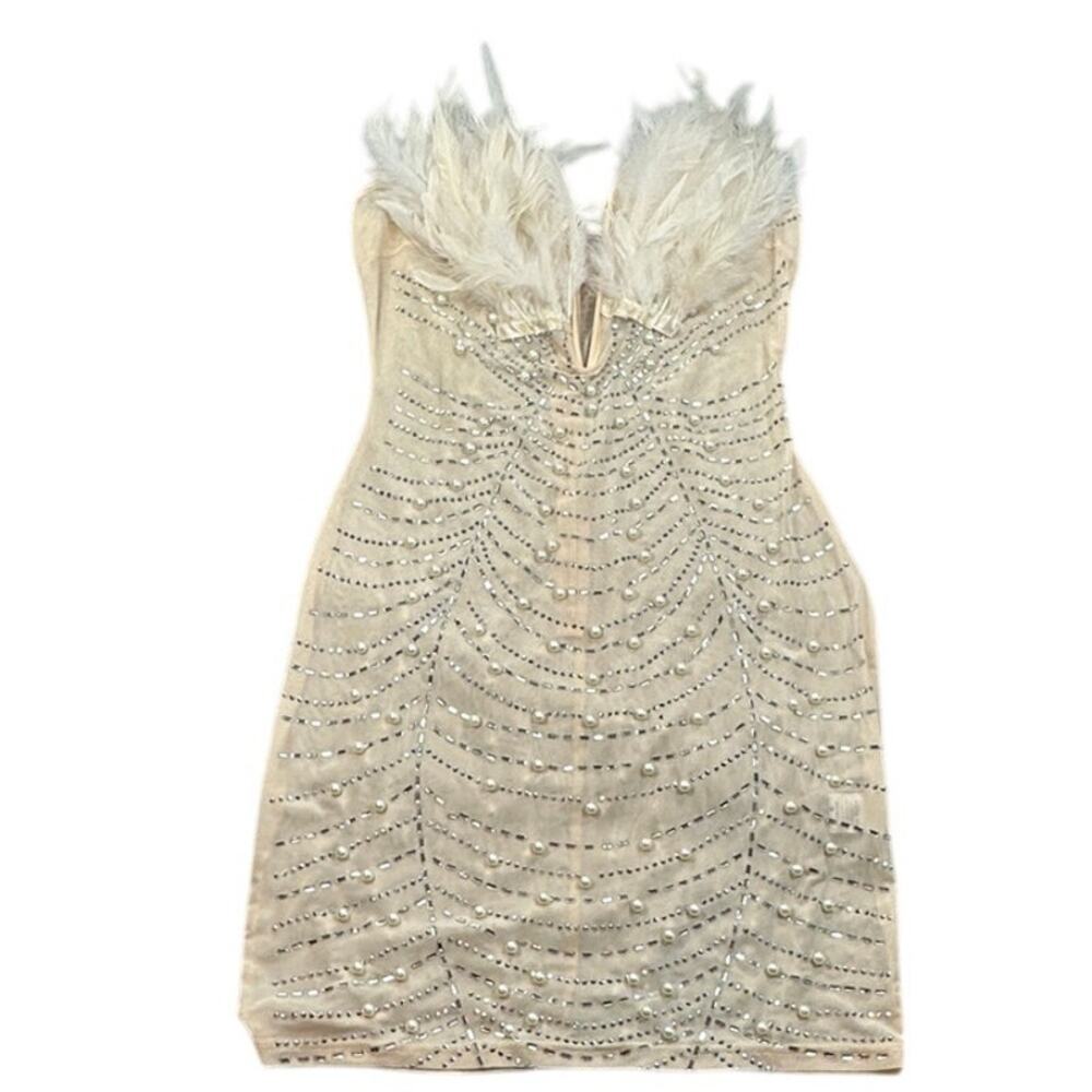 Pearl Rhinestone Sheer Bodycon Mini Dress Feather Trim Glam